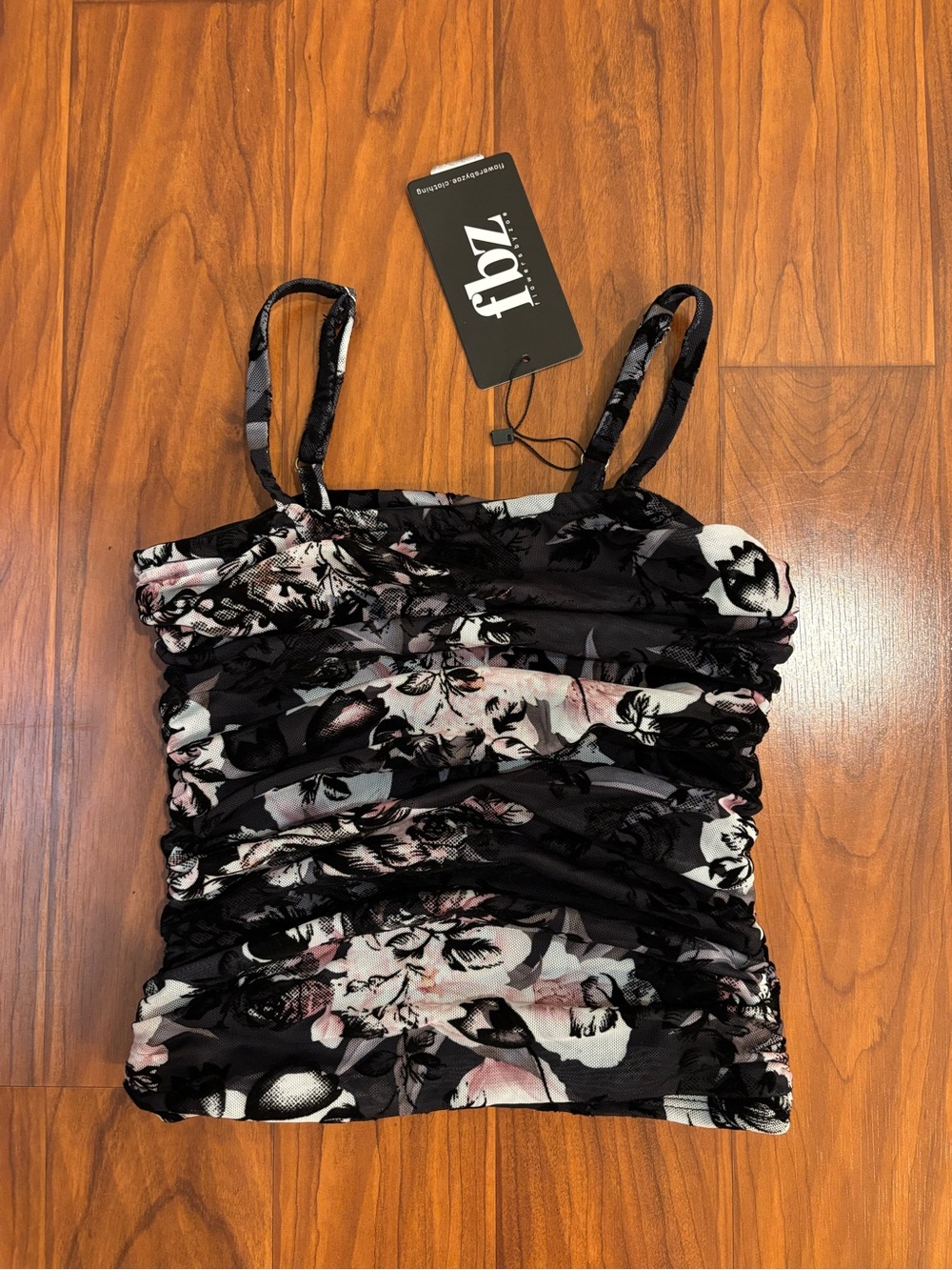 NWT Flowers by Zoe Floral Ruched Mesh Flock Tank Top Black Pink